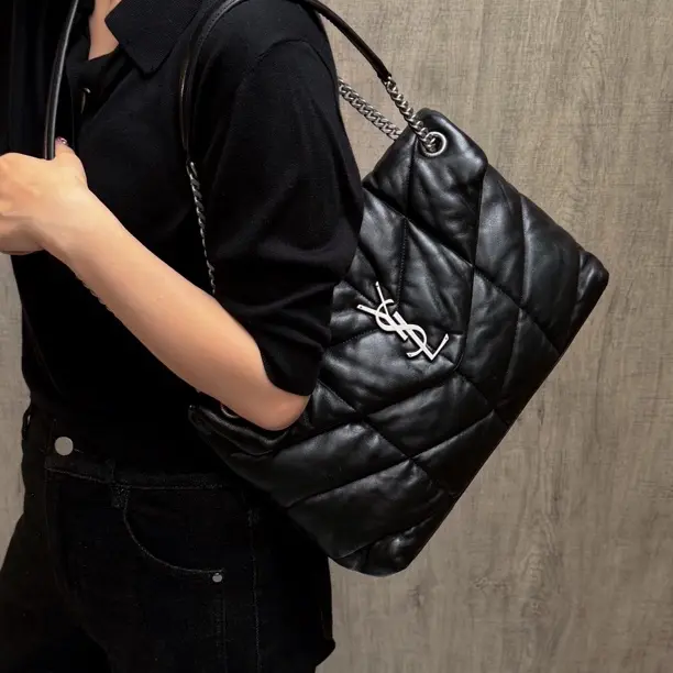 99新 YSL/圣罗兰 ysl 黑银LouLou 中号羊皮云朵包单肩斜挎包