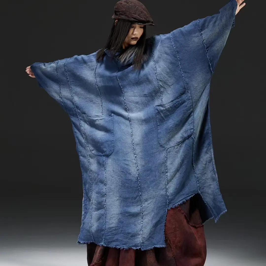 宽松休闲连帽长款袍子复古拼接设计潮酷套头款