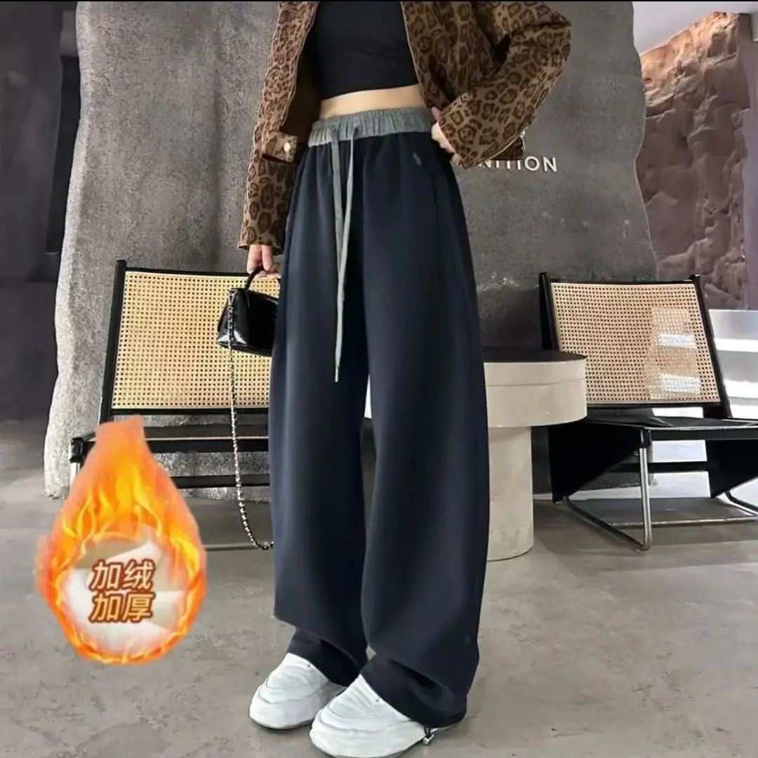 秋冬加绒加厚高腰弯刀裤女刺绣保暖显瘦百搭休闲卫裤小个子