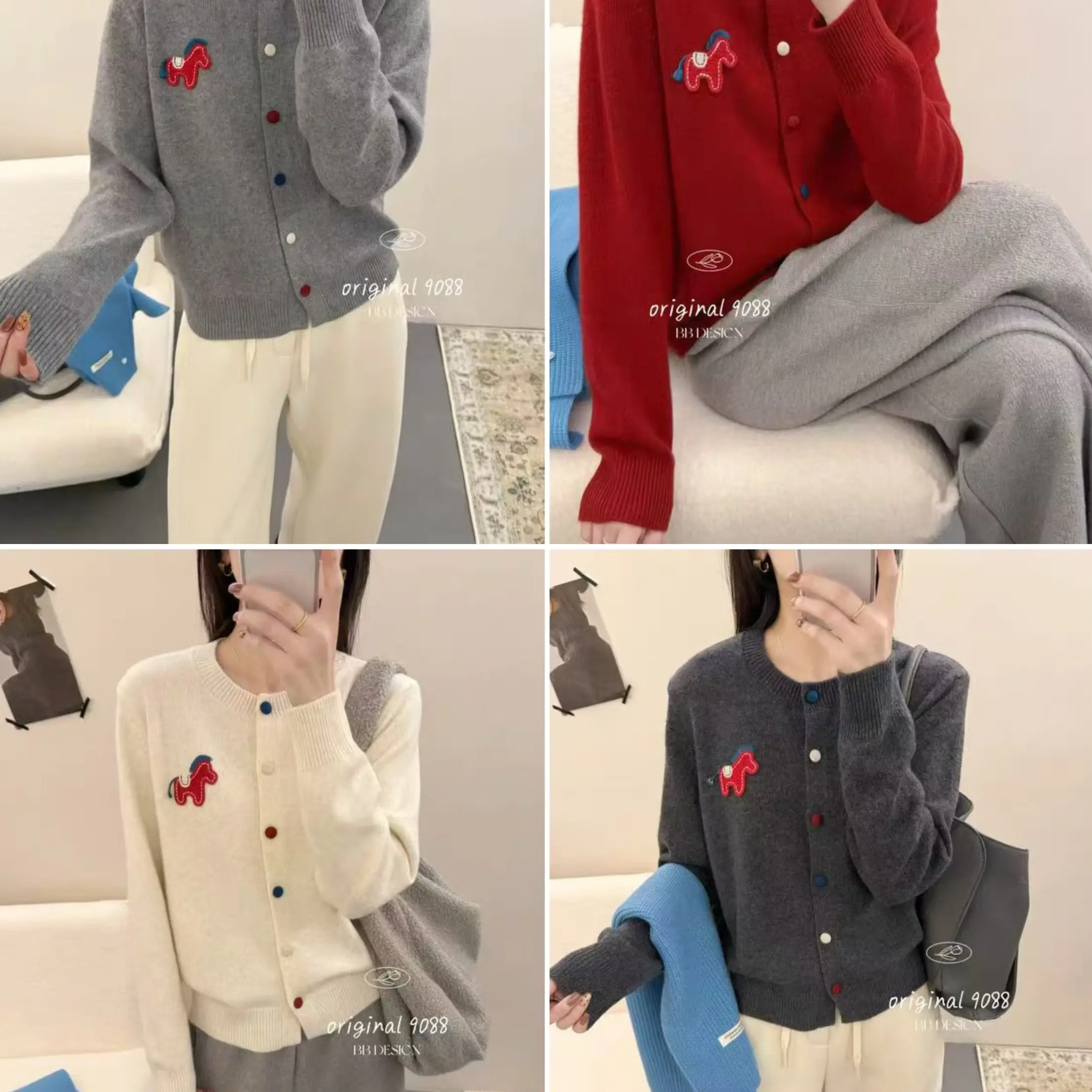 秋冬女短款小马刺绣针织开衫百搭毛衣外套