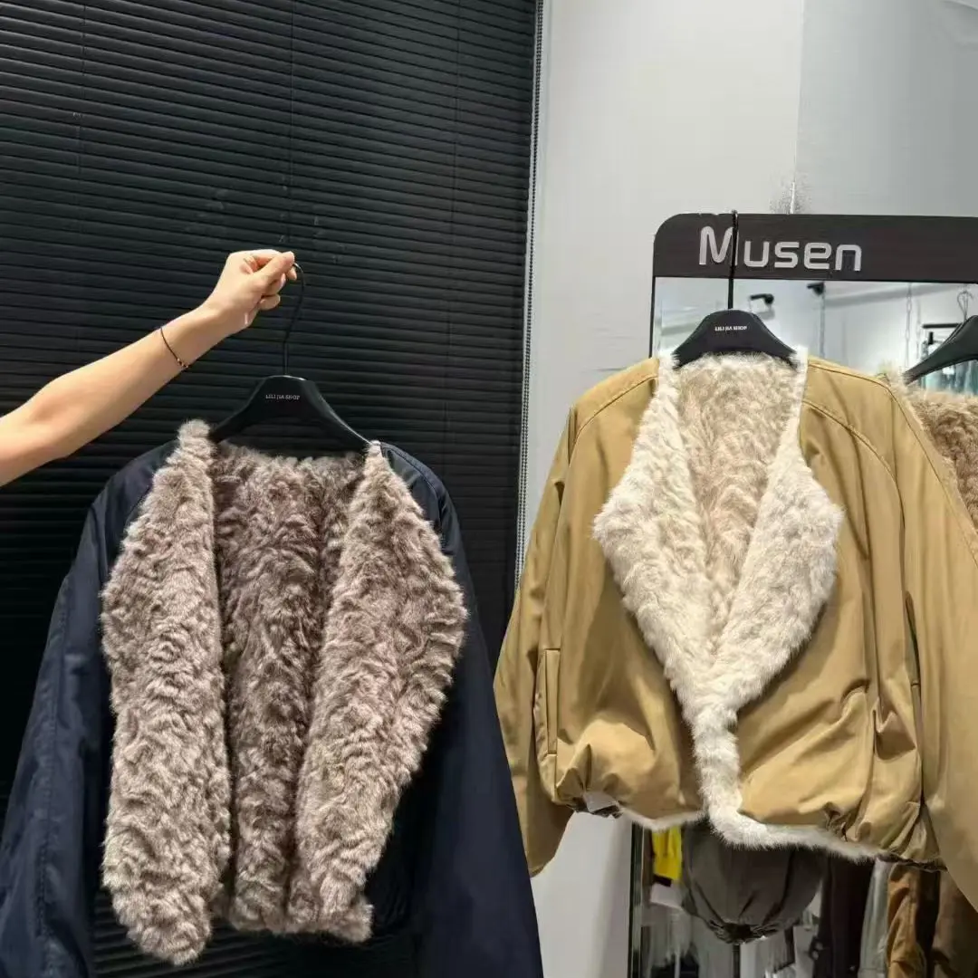 “云朵暖绒”双面穿人造小湖毛毛外套保暖宽松灯笼袖短款