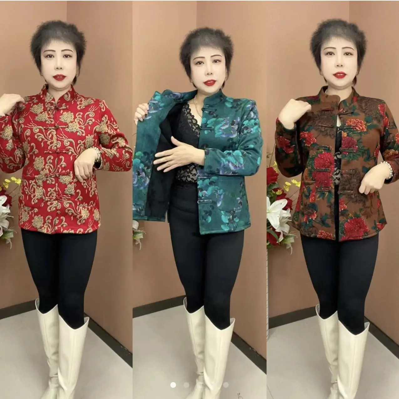 中老年妈妈秋冬加绒加厚民族风印花开衫保暖女装外套