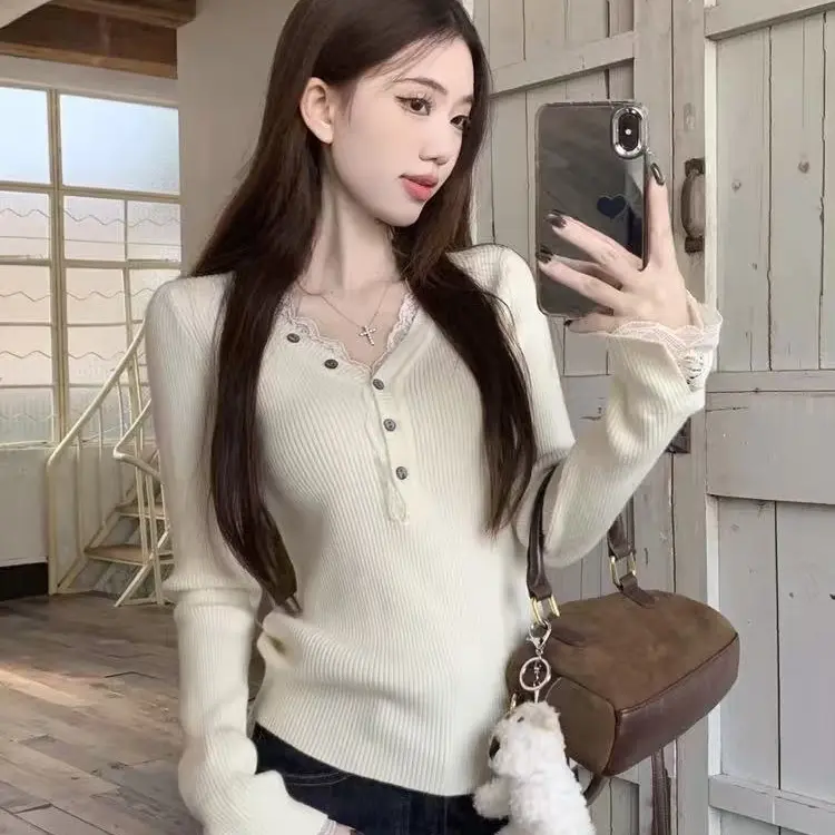 修身型⑤⑨通勤针织长袖秋季毛针织衫开衫上衣蕾丝拼接
