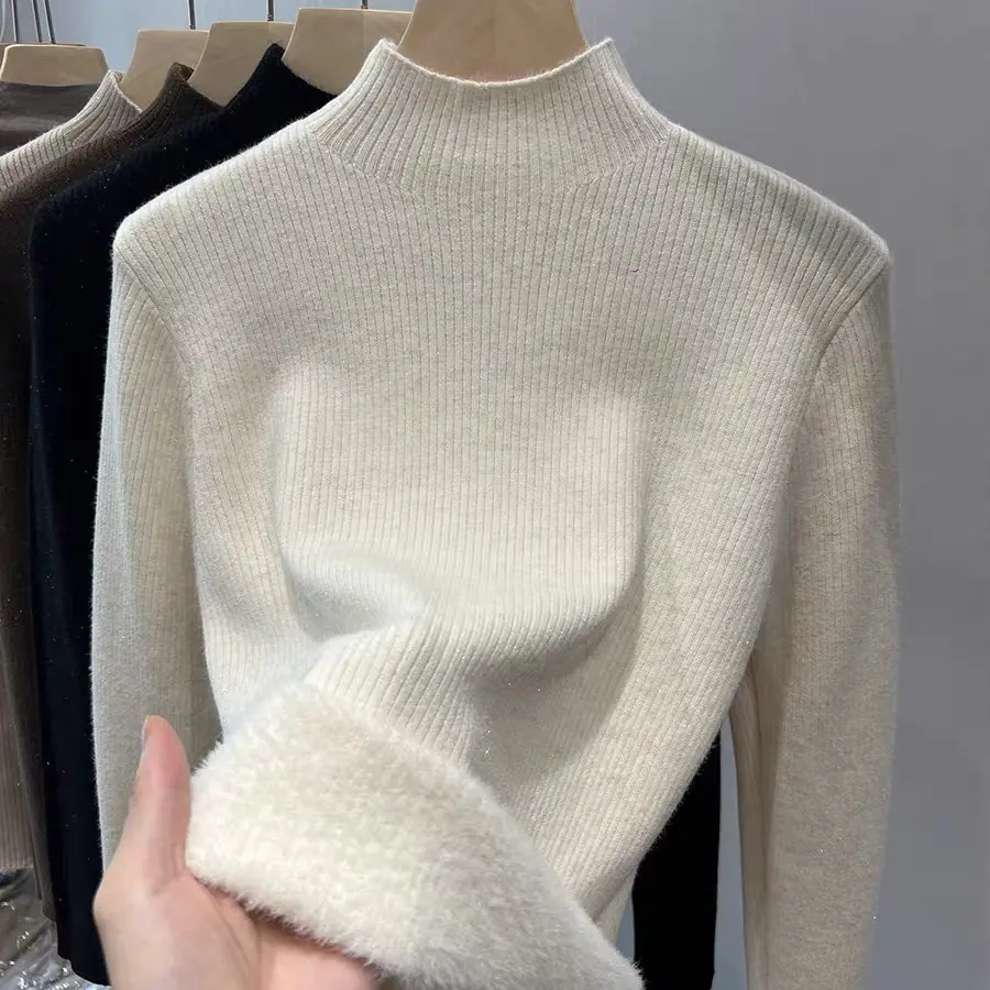 纯色半高领一体绒加绒加厚针织毛衣女秋冬内搭保暖打底衫