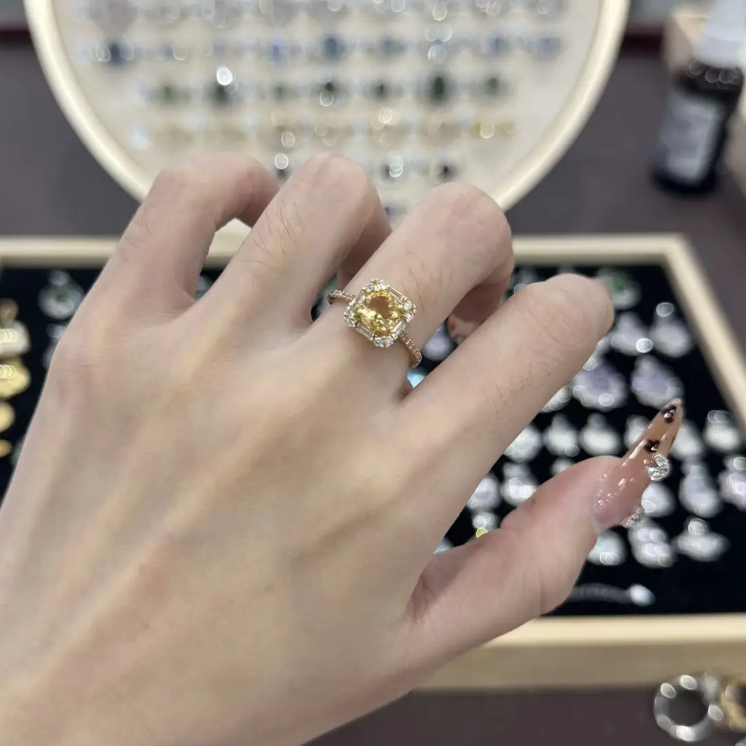 925银锆石戒指 天然黄水晶切割面镶嵌银925戒托可调节圈口戒指