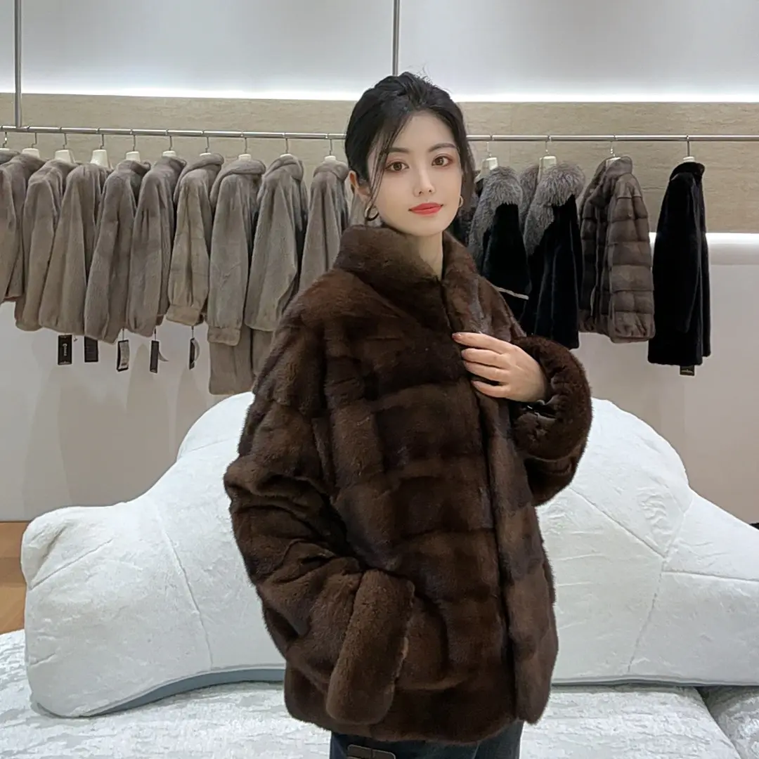 立翻领女士中长款进口短二水貂皮草外套时尚百搭秋冬款