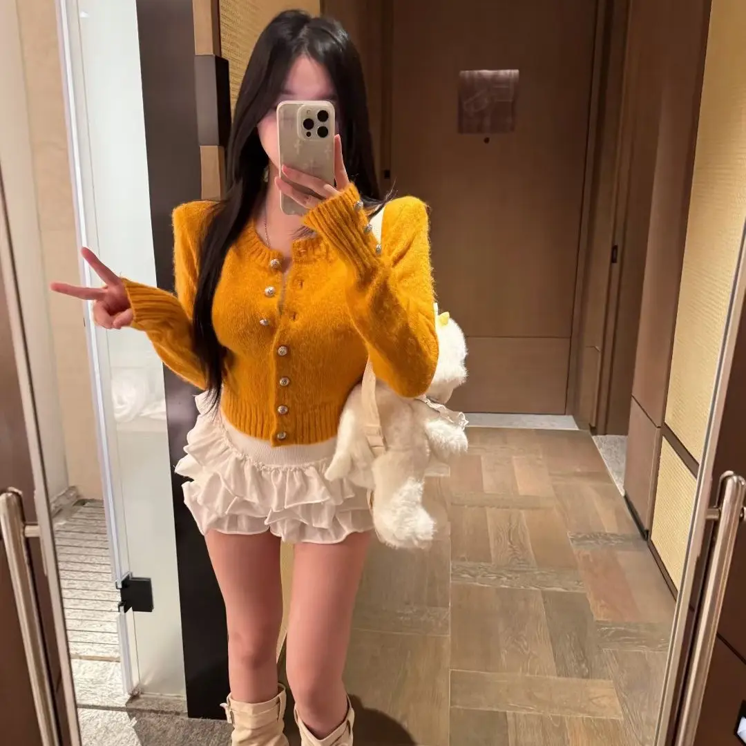 【FF】韩系纯欲风圆领排扣针织开衫显瘦百搭短款毛衣外套上衣