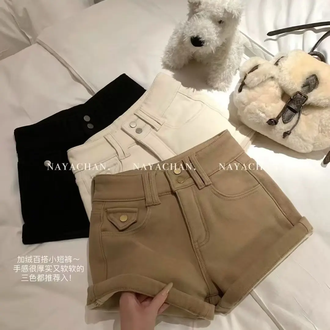 【FF】秋冬新款百搭显瘦加绒高腰牛仔热裤女