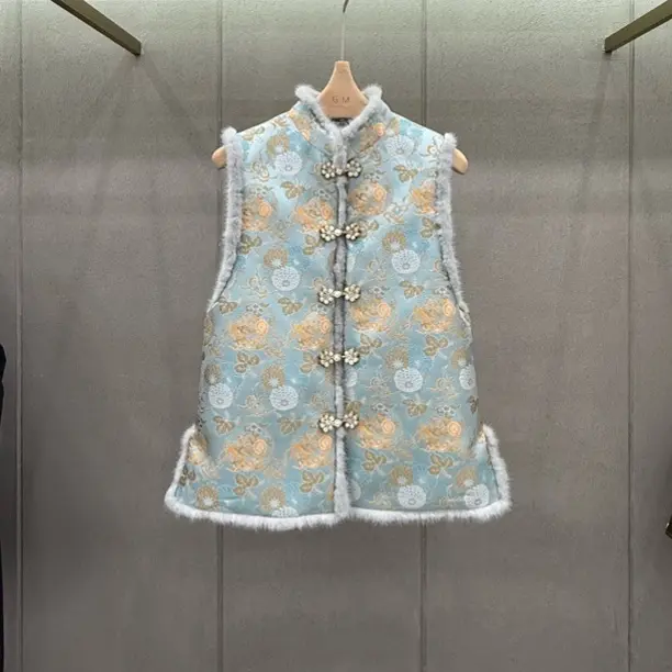 GM上久楷正品团龙杂宝菊花纹拼水貂新中式国风加棉加厚立领圆领