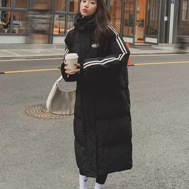 保暖长款冬季连帽可拆卸中长款条纹棉服