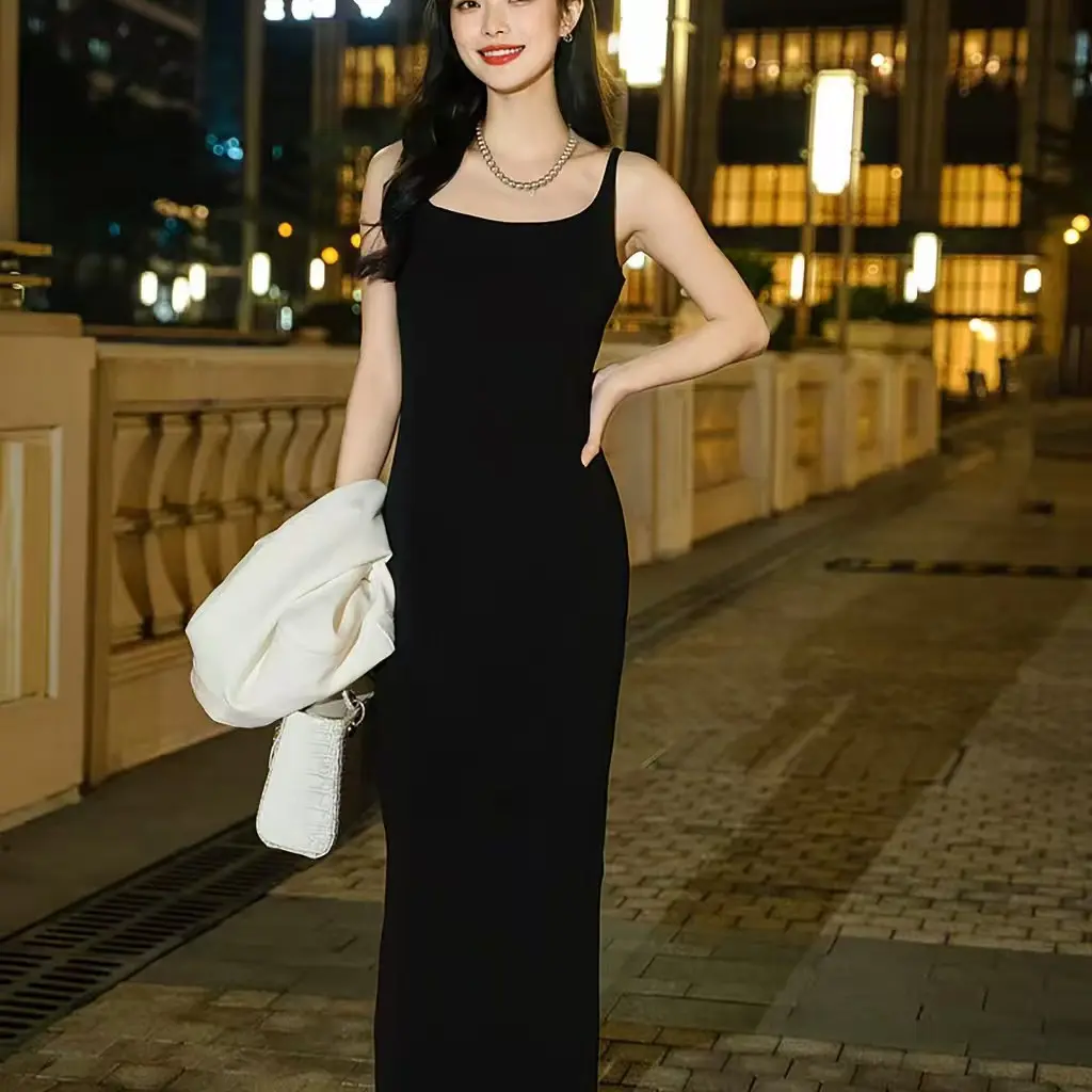 （kuby）法式夏季新款收腰显瘦无袖中长款连衣裙