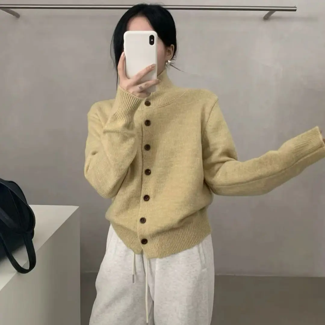 韩系慵懒风半高领加厚针织开衫女秋冬软糯宽松毛衣外套