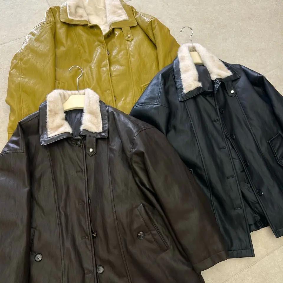 冬季新款韩版宽松中长款翻领蛋白皮皮衣羽绒外套女装