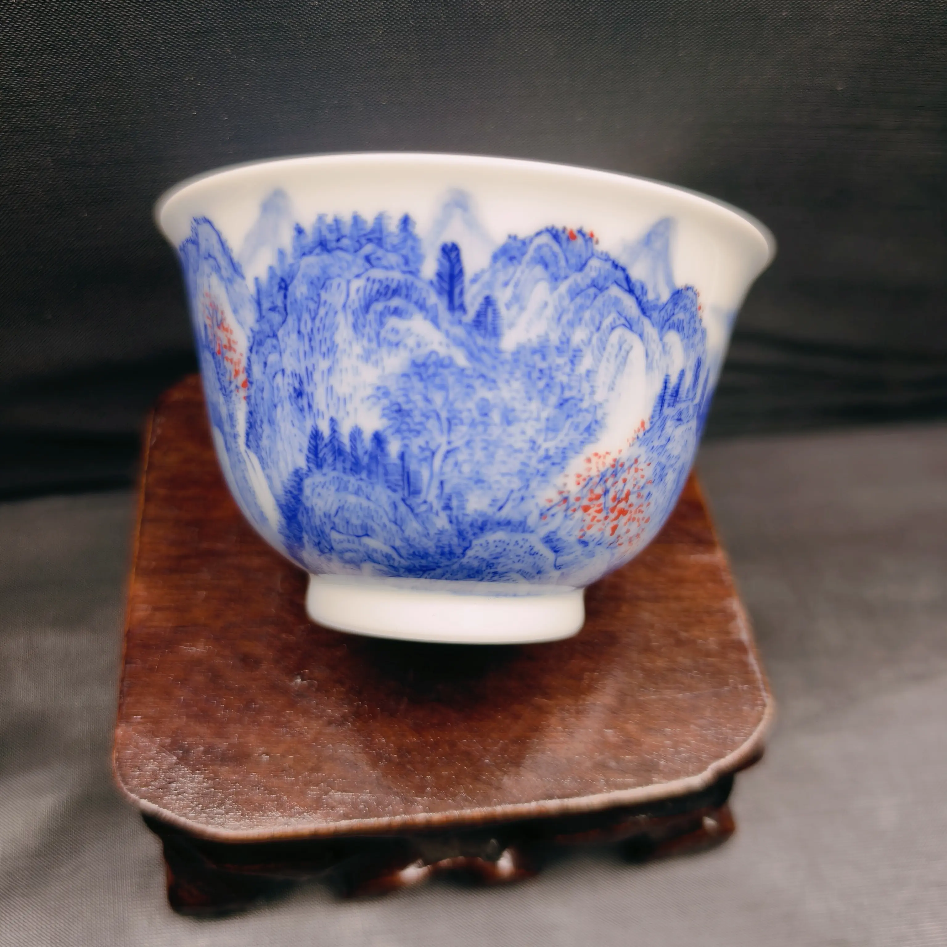 纯手工青花釉下红玉泥山水客杯