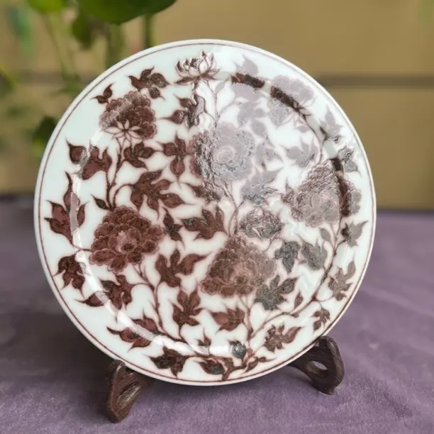 觅瓷山房 幽蓝溪堂仿元釉里红牡丹系列平盘壶承