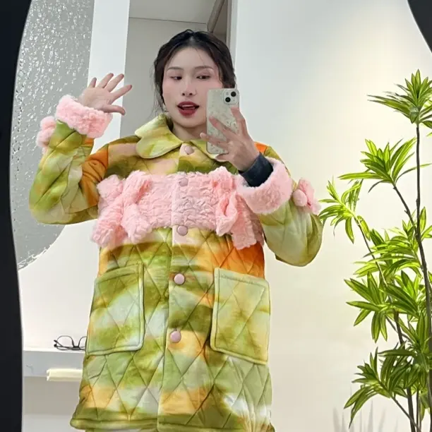 多巴胺轻奢炫光彩绿色加绒加厚睡衣女冬季时尚可外穿家居服套装