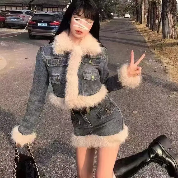 小香风拼接毛毛牛仔外套冬季加厚保暖高腰半身裙气质两件套8786古