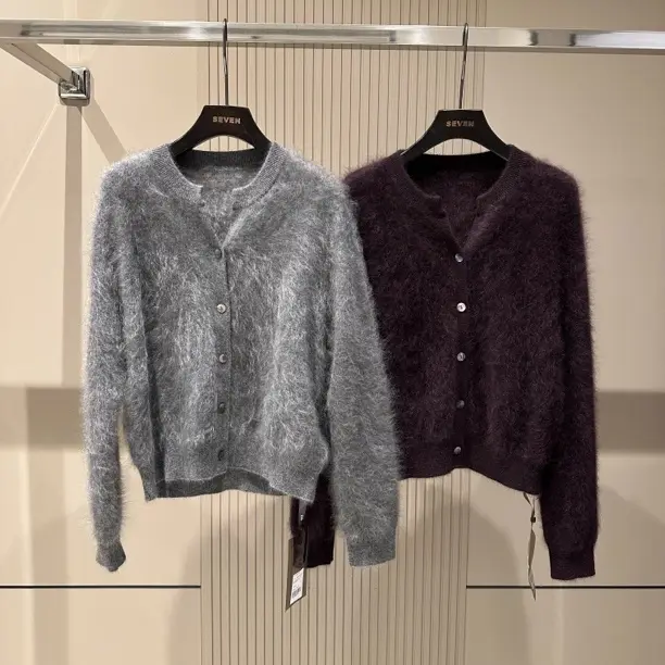 【启恒】2768拉绒山羊绒圆领复古珍珠扣针织开衫外套