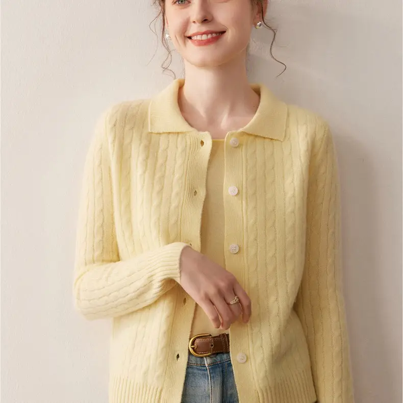 麻花翻领山羊绒针织开衫女纯色宽松显瘦秋冬百搭毛衣外套上衣