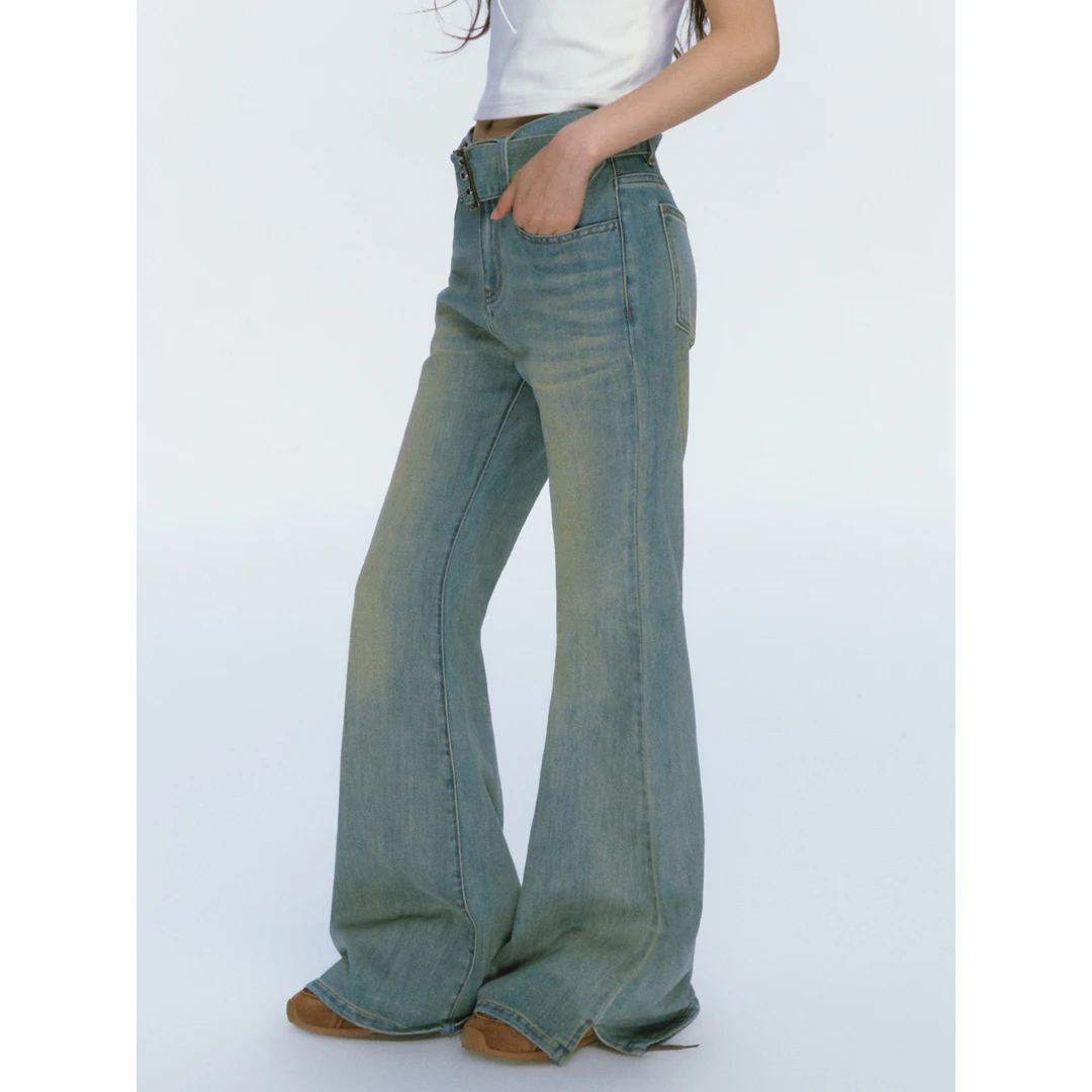 ablueberry 时尚含腰带微喇牛仔裤女韩版显腿长甜妹裤子BK3111107