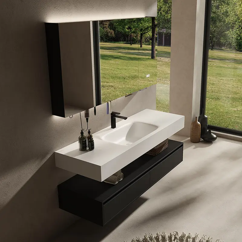 酒店风岩板热弯一体盆加厚双层智能浴室柜卫浴组合宾馆洗脸洗漱台