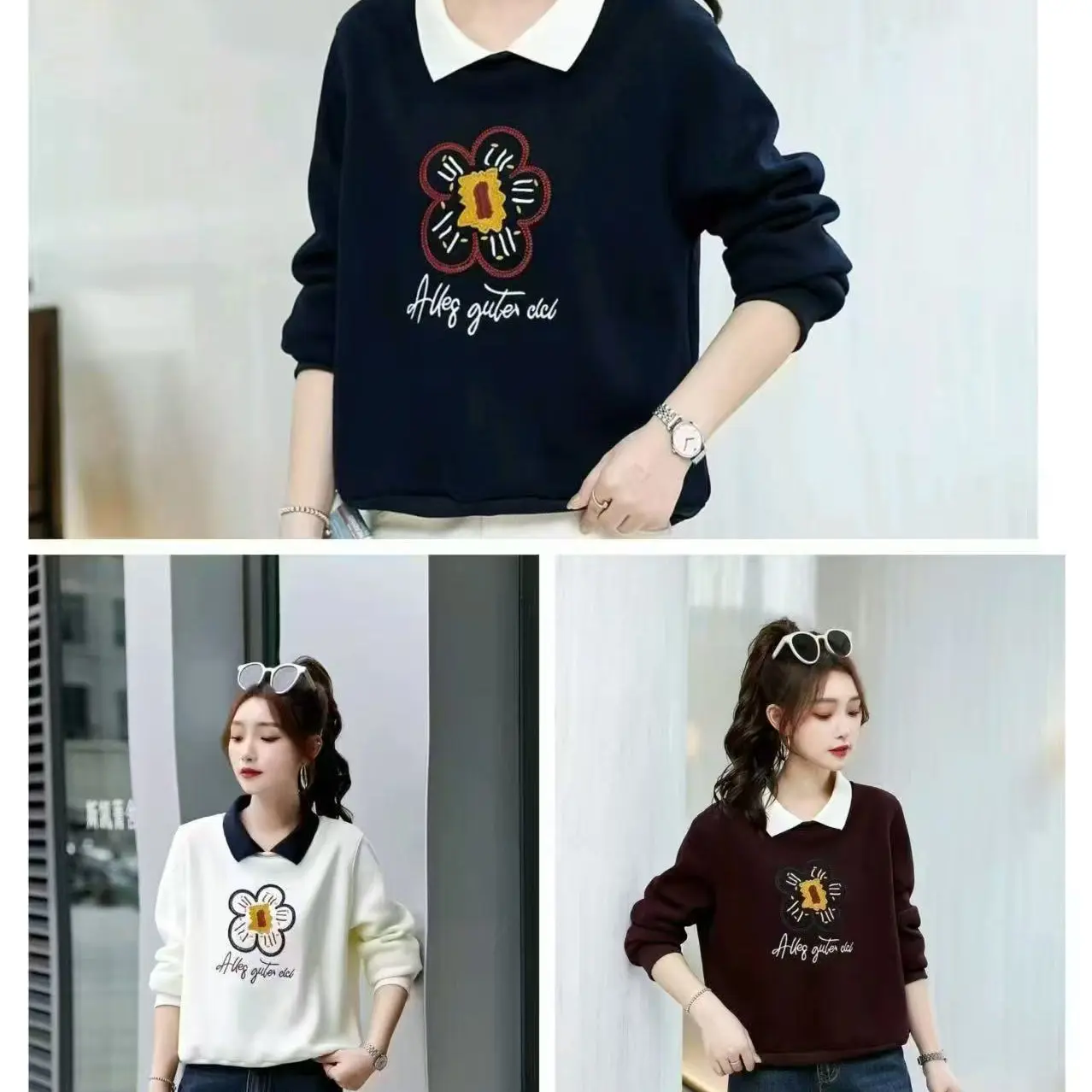 新款加绒加厚显瘦宽松翻领刺绣长袖休闲卫衣百搭上衣25821