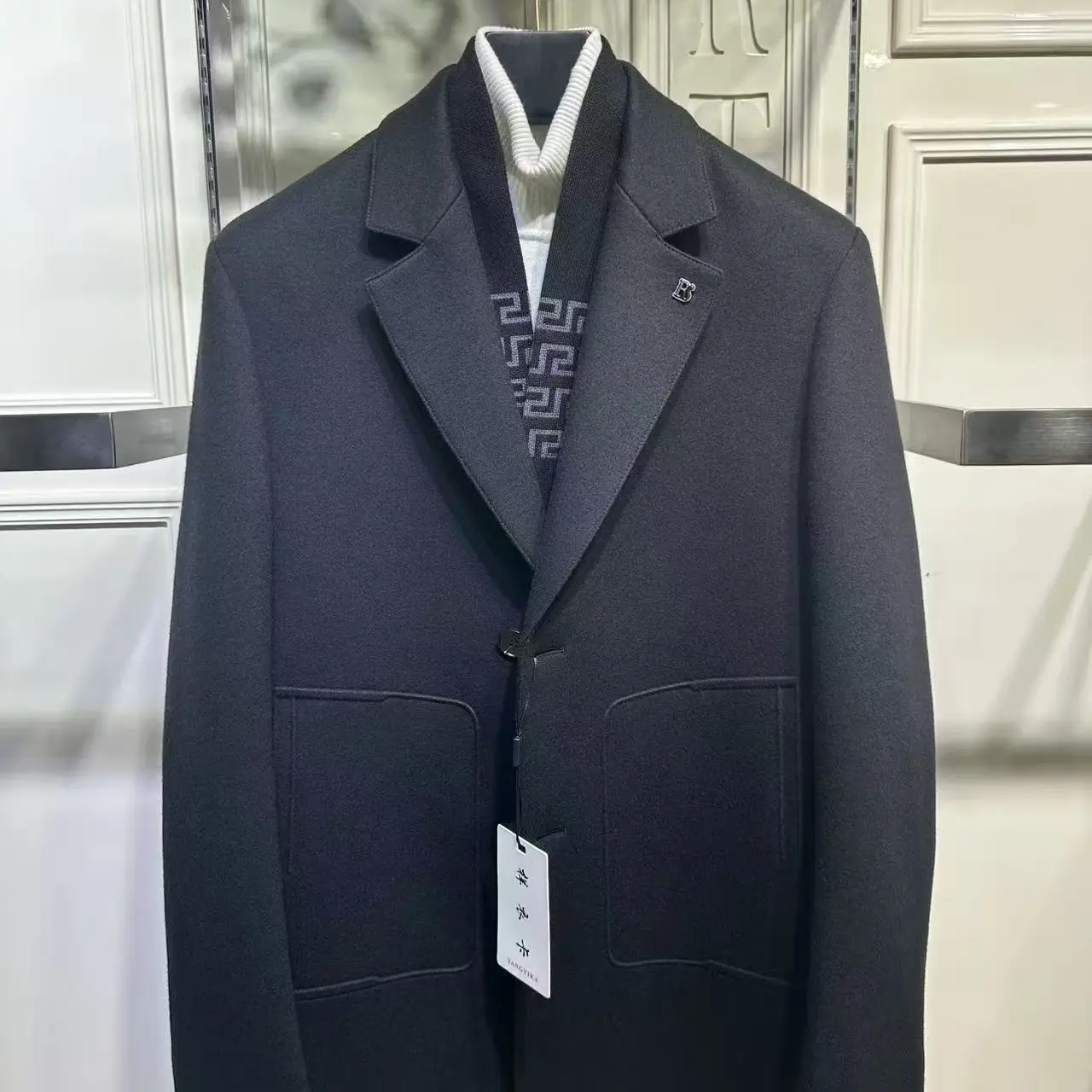 散口袖商务经典长款拼接直下摆外套男士毛呢大衣冬季