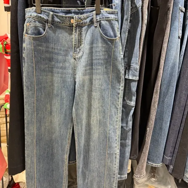 海沫蓝高腰加绒直筒牛仔裤女显瘦宽松阔腿裤冬季植绒保暖长裤子