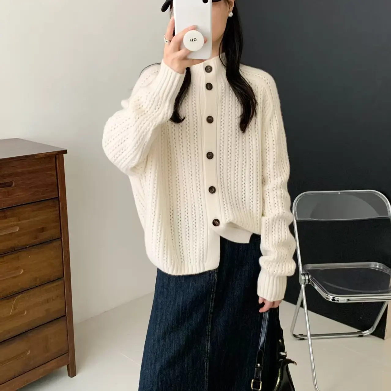 秋冬新款女韩版立领重工勾花慵懒风百搭针织开衫毛衣外套外穿