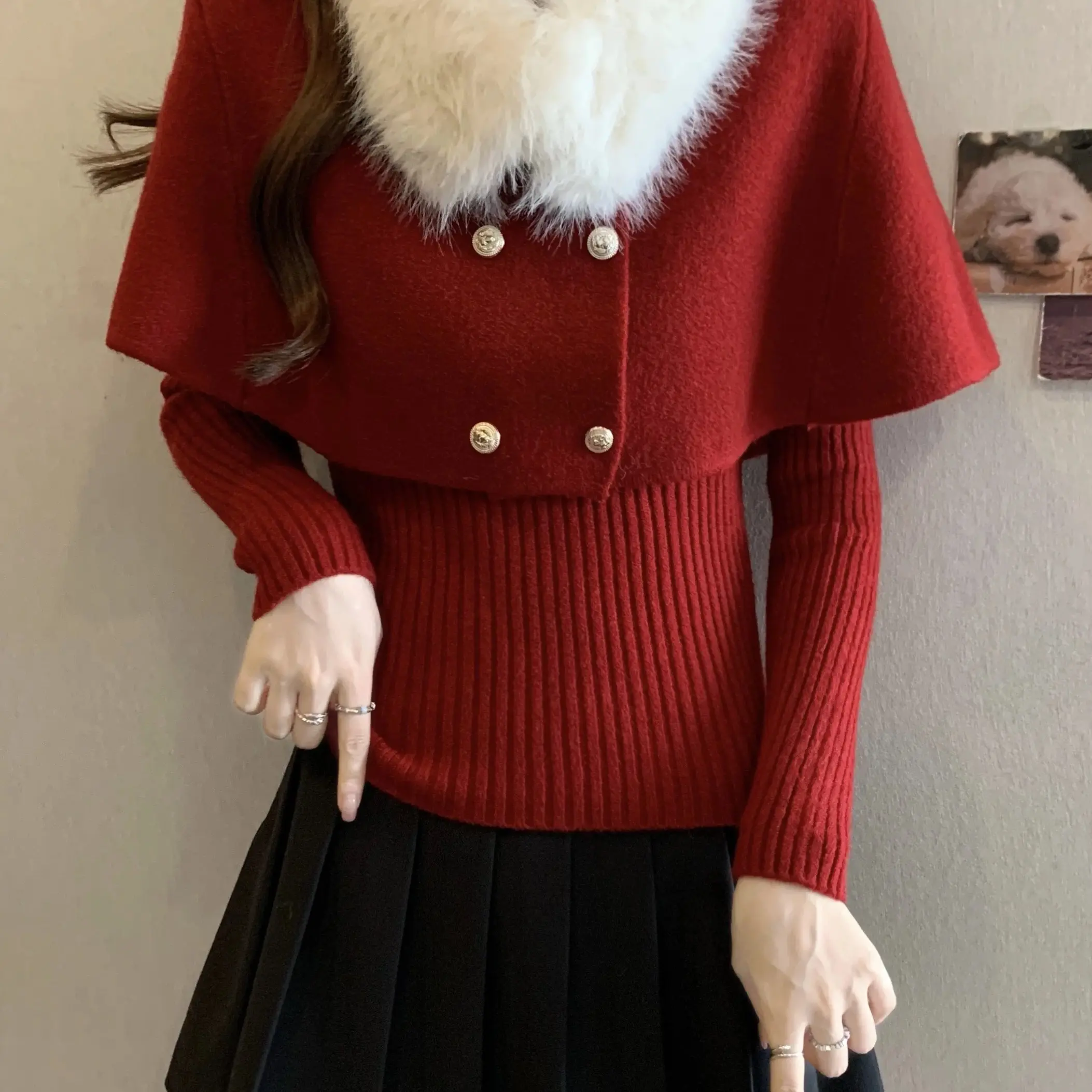 冬季红色新年氛围感可拆卸毛领斗篷针织衫显瘦内搭上衣
