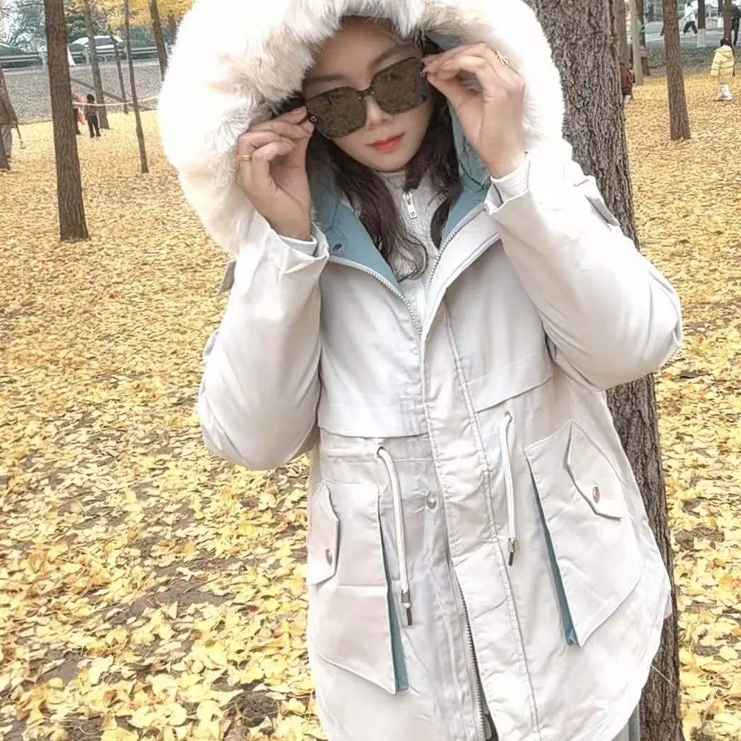 人造皮草 收口袖针缝连帽女可脱卸袖派克服百搭短款女款女士