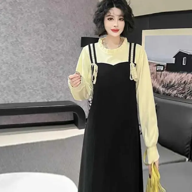 圆圆家  秋冬复古法式假两件收腰显瘦中长A字连衣裙连衣长裙