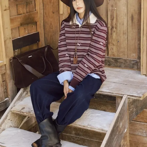 秋季新款时尚减龄条纹拼接双领针织长袖POLO衬衫