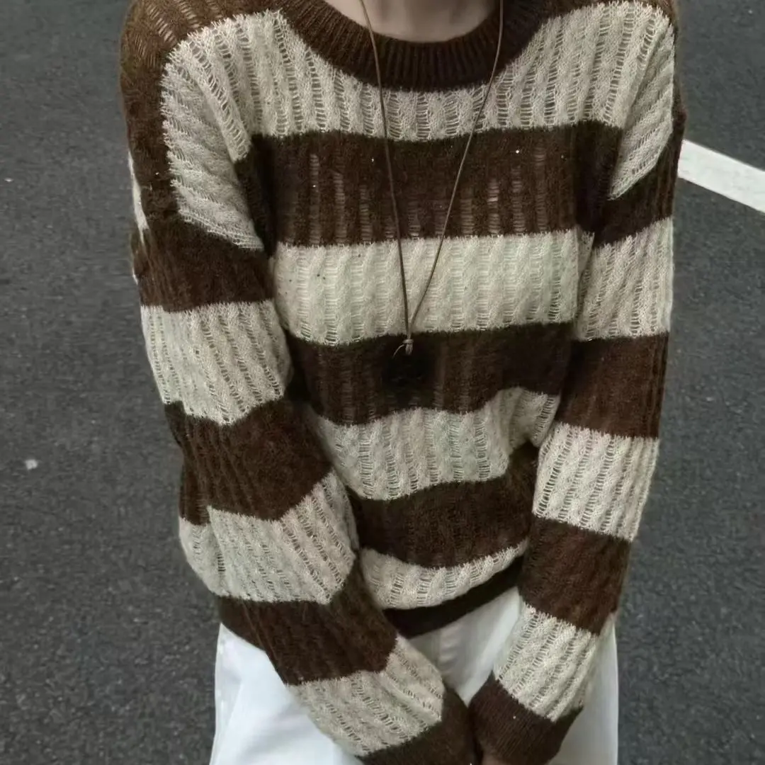 显瘦毛衣针织衫长袖撞色条纹秋冬套头圆领