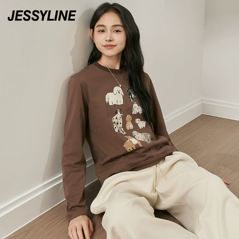 杰茜莱百搭小狗印花正肩T恤女2024秋新款打底上衣 jessyline