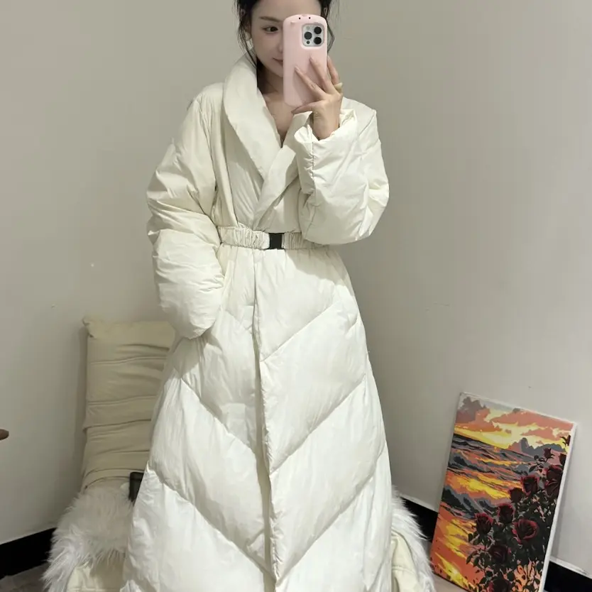 【杨饱饱私服】翻领长款过膝白鸭绒女冬季宽松系带收腰保暖外套