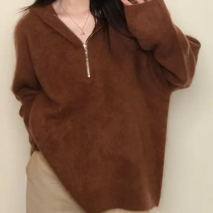 厚款宽松型针织常规款连帽羊绒衫打底高领帽衫