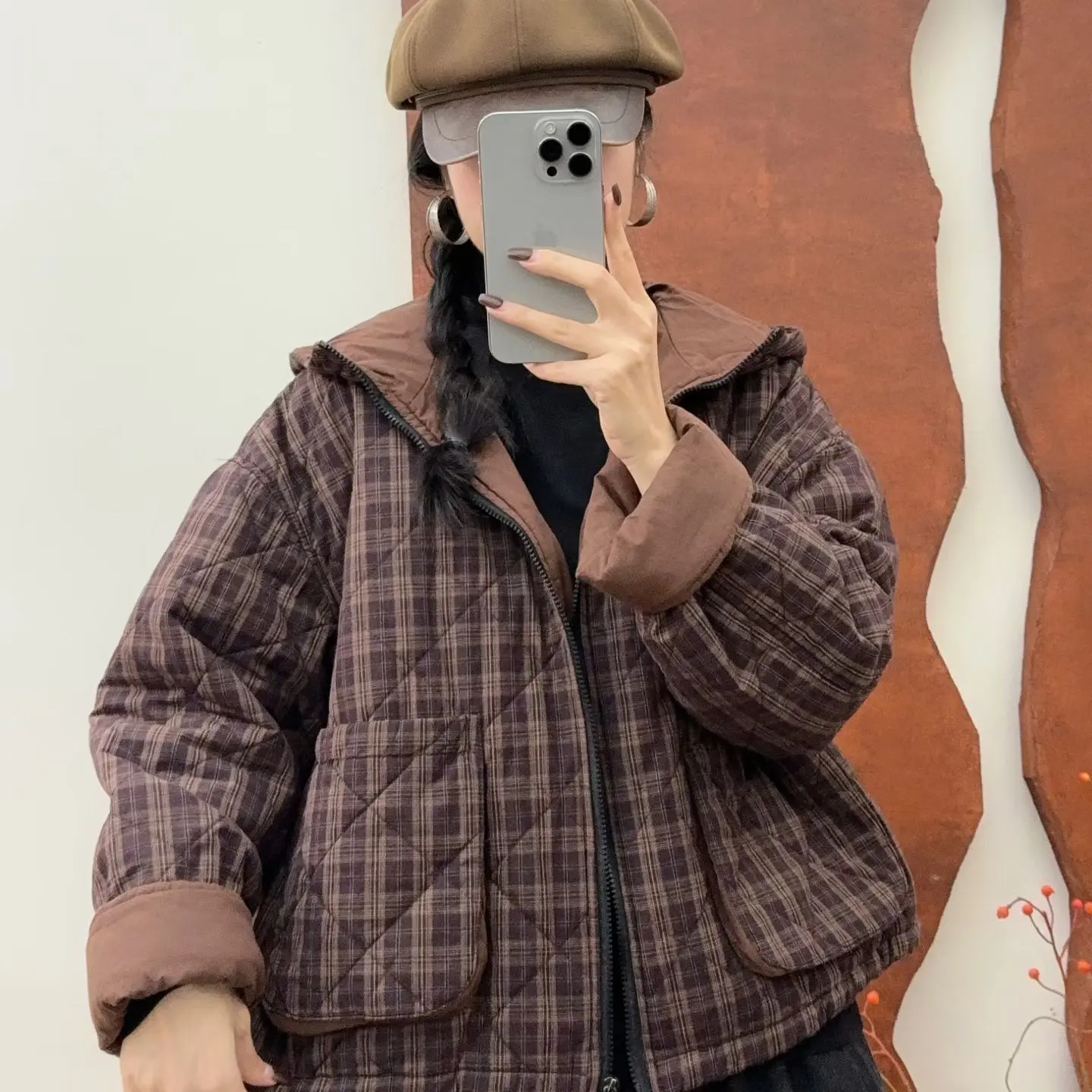 秋冬休闲连帽格子加厚保暖宽松棉衣