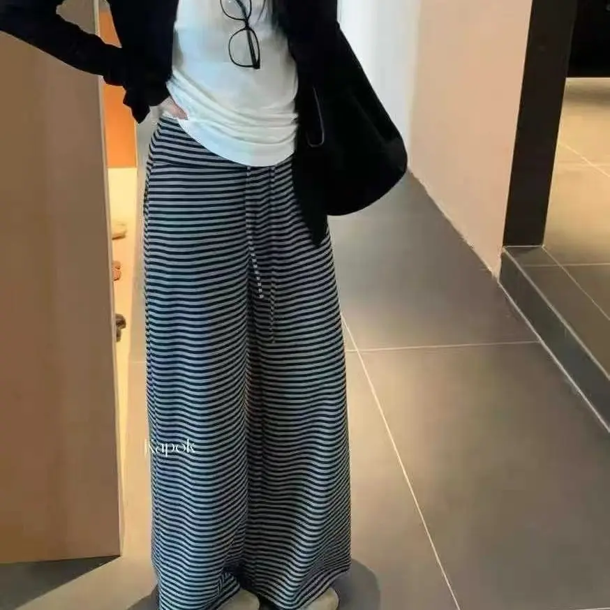 慵懒宽松百搭显瘦条纹抽绳直筒高腰休闲长裤女