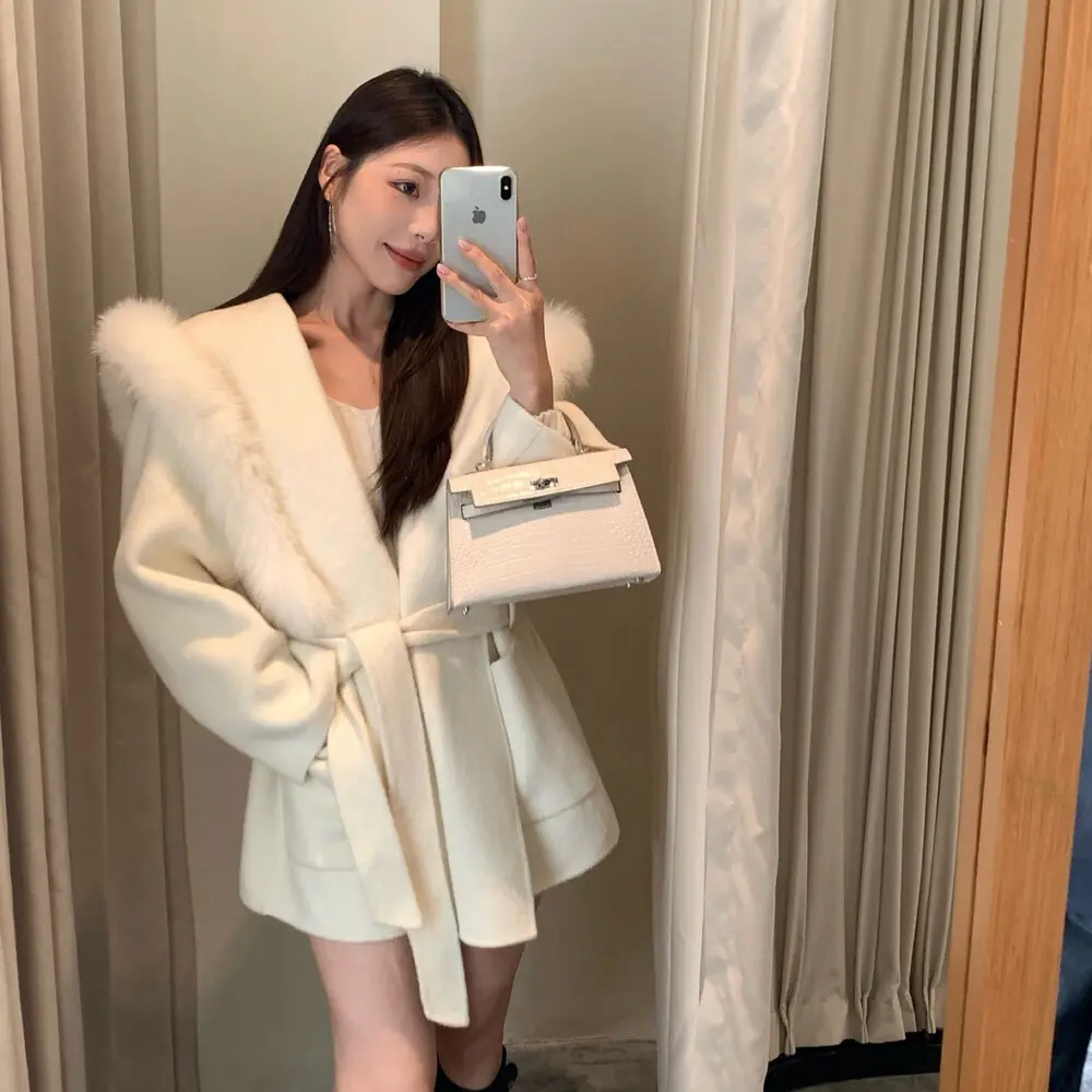 10985海军领中长款双面毛呢大衣秋冬时尚气质外套