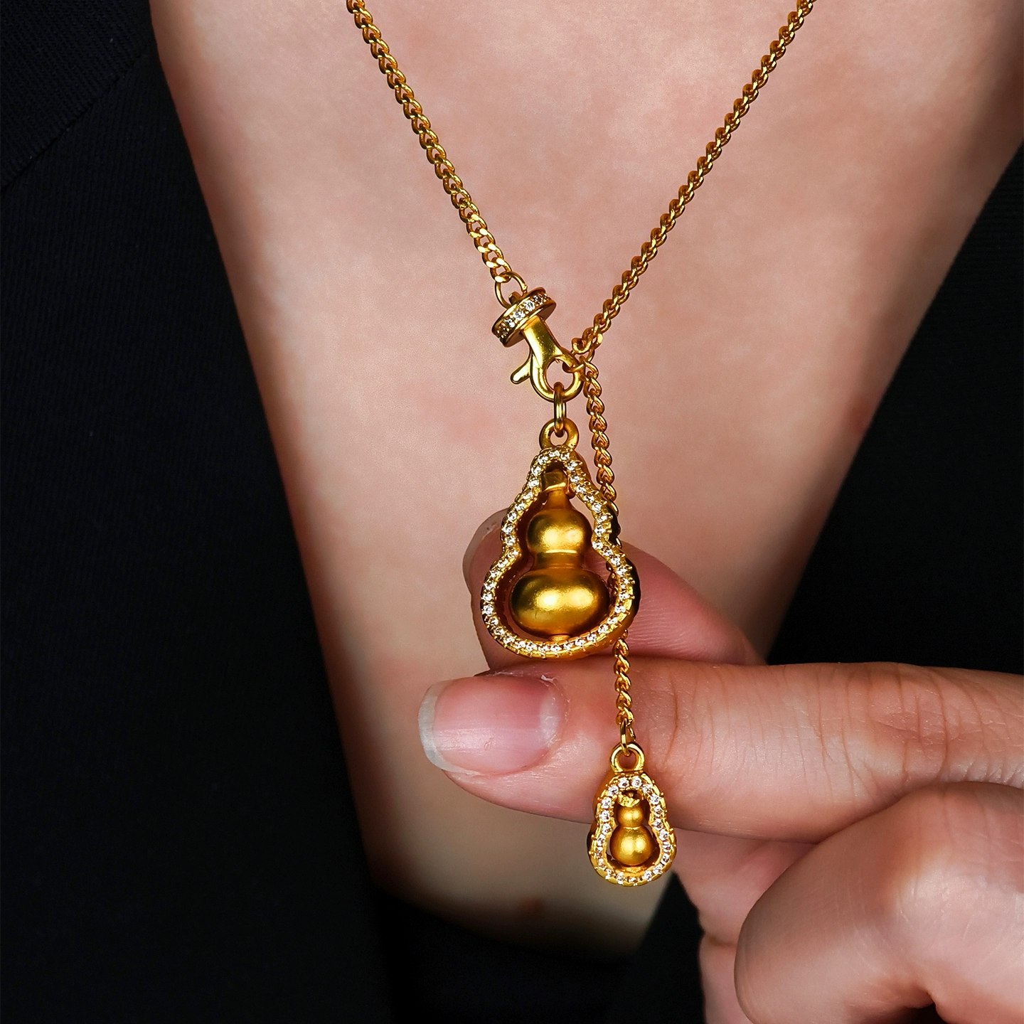 铜合金项链 复古点钻万能链双生葫芦时来运转吊坠项链
