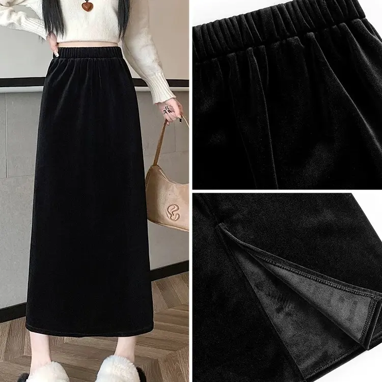 菲玥家黑色金丝绒半身裙显瘦百搭直筒气质款9002