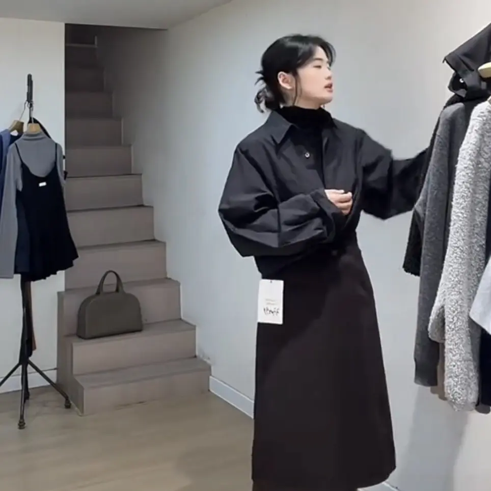 坑条冬毛呢高腰显瘦百搭中长款直筒半身裙