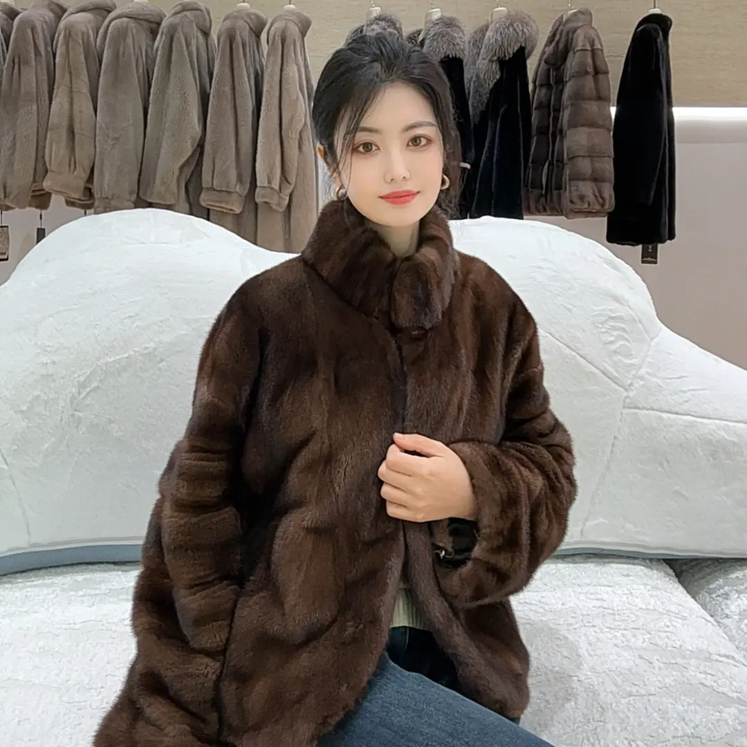 立翻领女士中长款进口天鹅绒水貂皮草外套时尚百搭秋冬