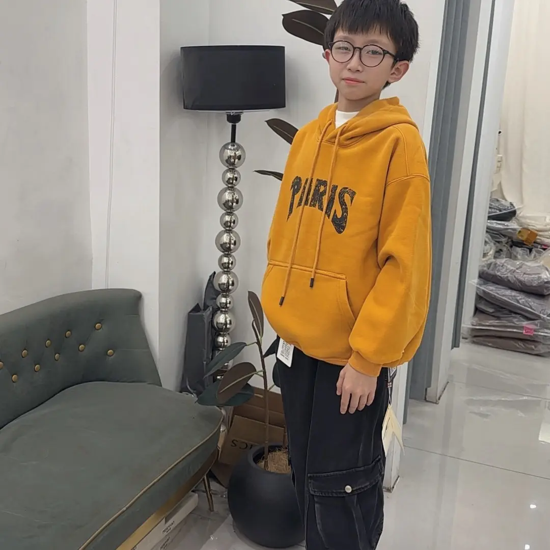 冬季新款洋气橘色连帽加绒儿童卫衣显白高级