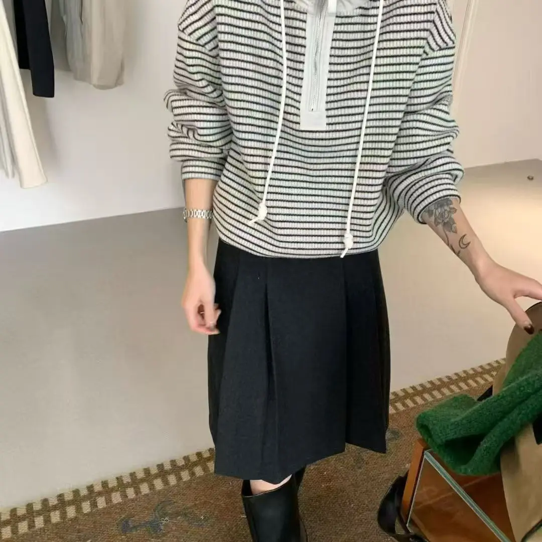 韩系条纹加绒半拉链卫衣