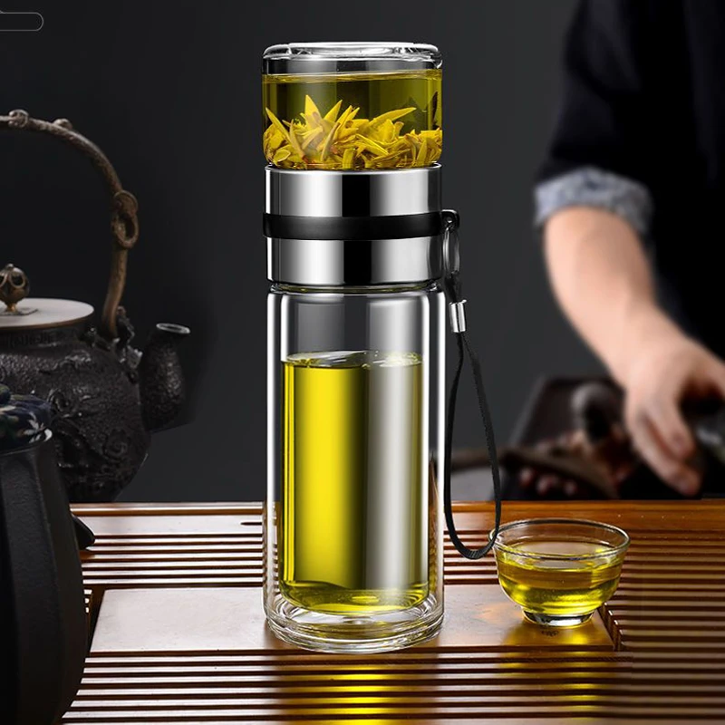 高档茶水分离泡茶杯泡茶专用双层玻璃杯子男女士便携过滤水杯