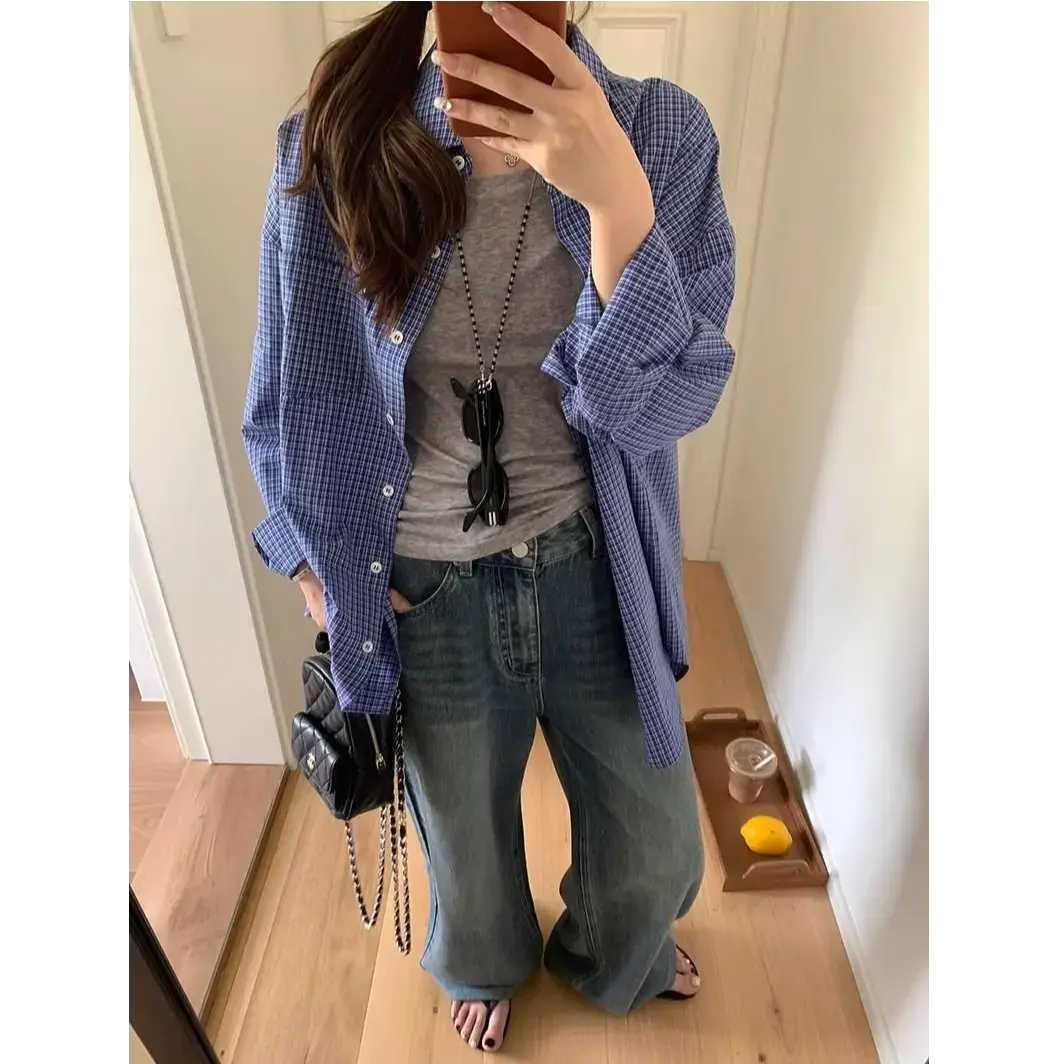 【工厂现货】小众格子蓝条纹衬衫女港味外穿设计感复古长袖防晒衬衣