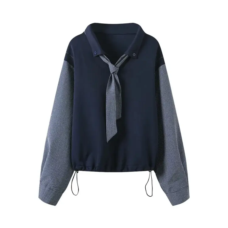 新款假两件立领长袖拼接格显瘦气质上衣6605