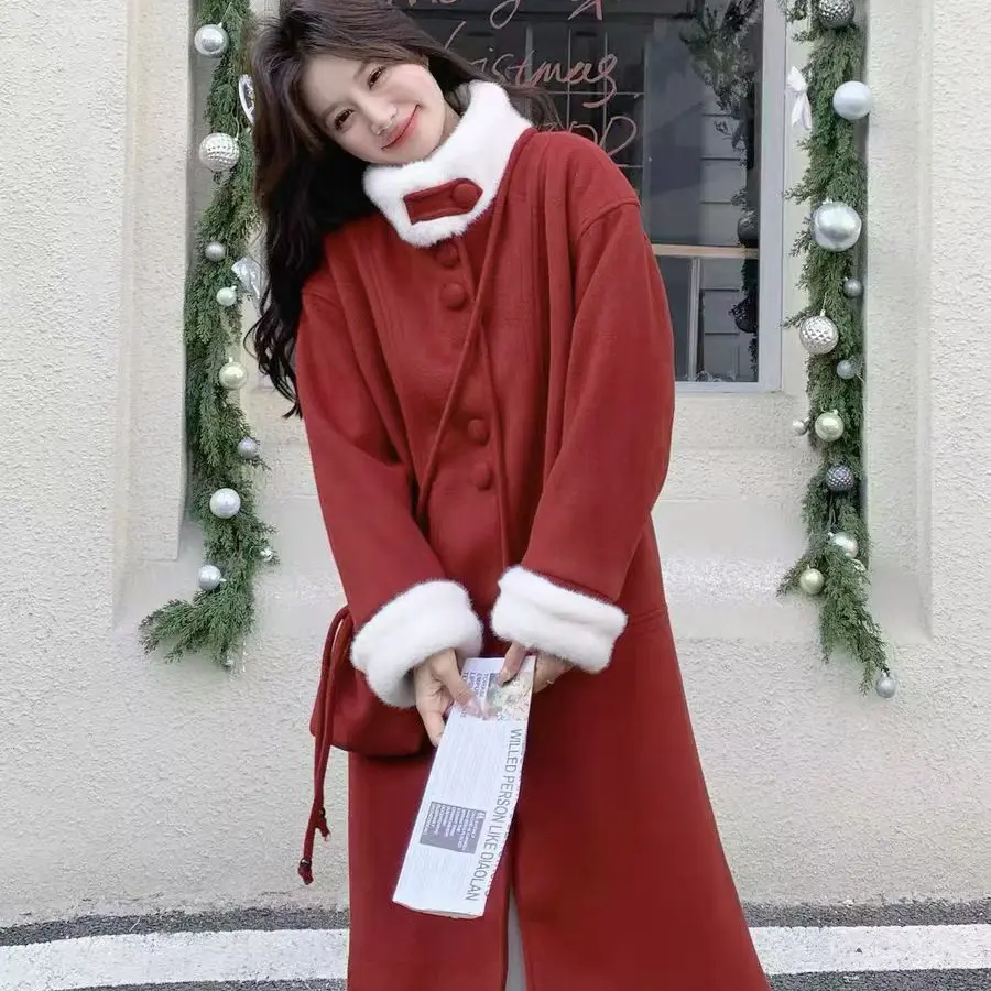 宽松大版红色毛呢长款加厚大衣DYLLS01Y